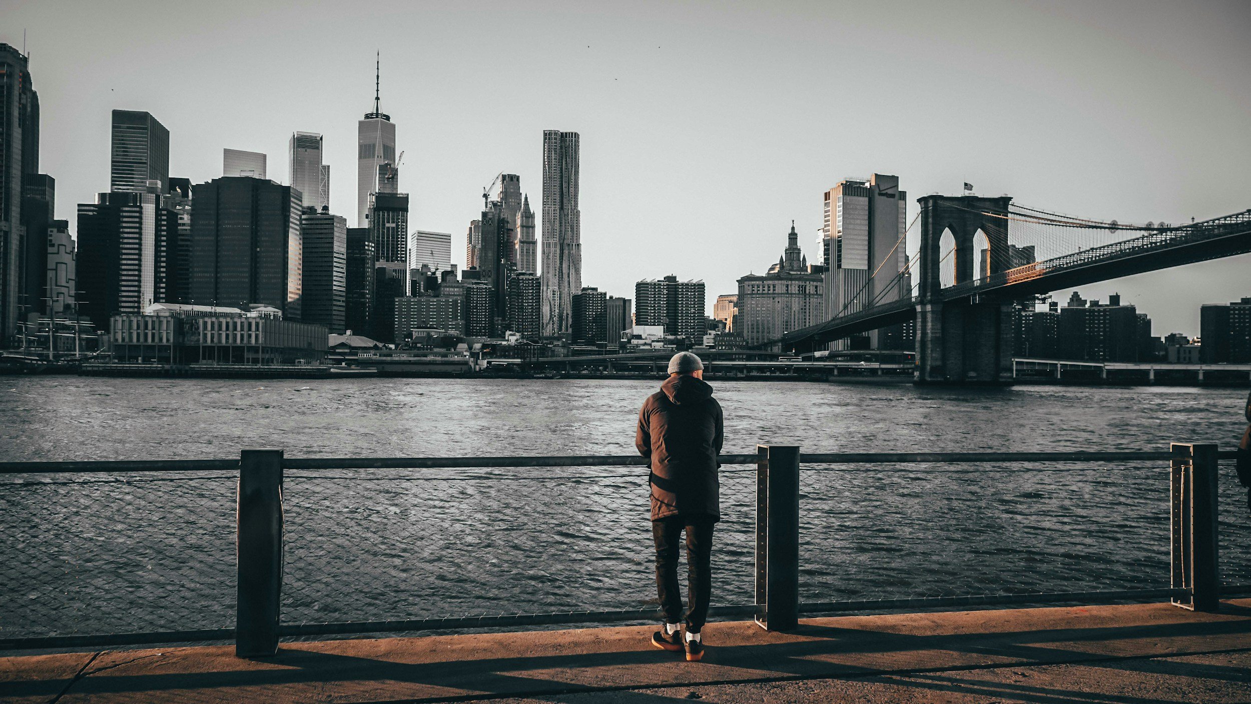 Person standing alone in Brooklyn overlooking NYC skyline reflecting on identity and direction