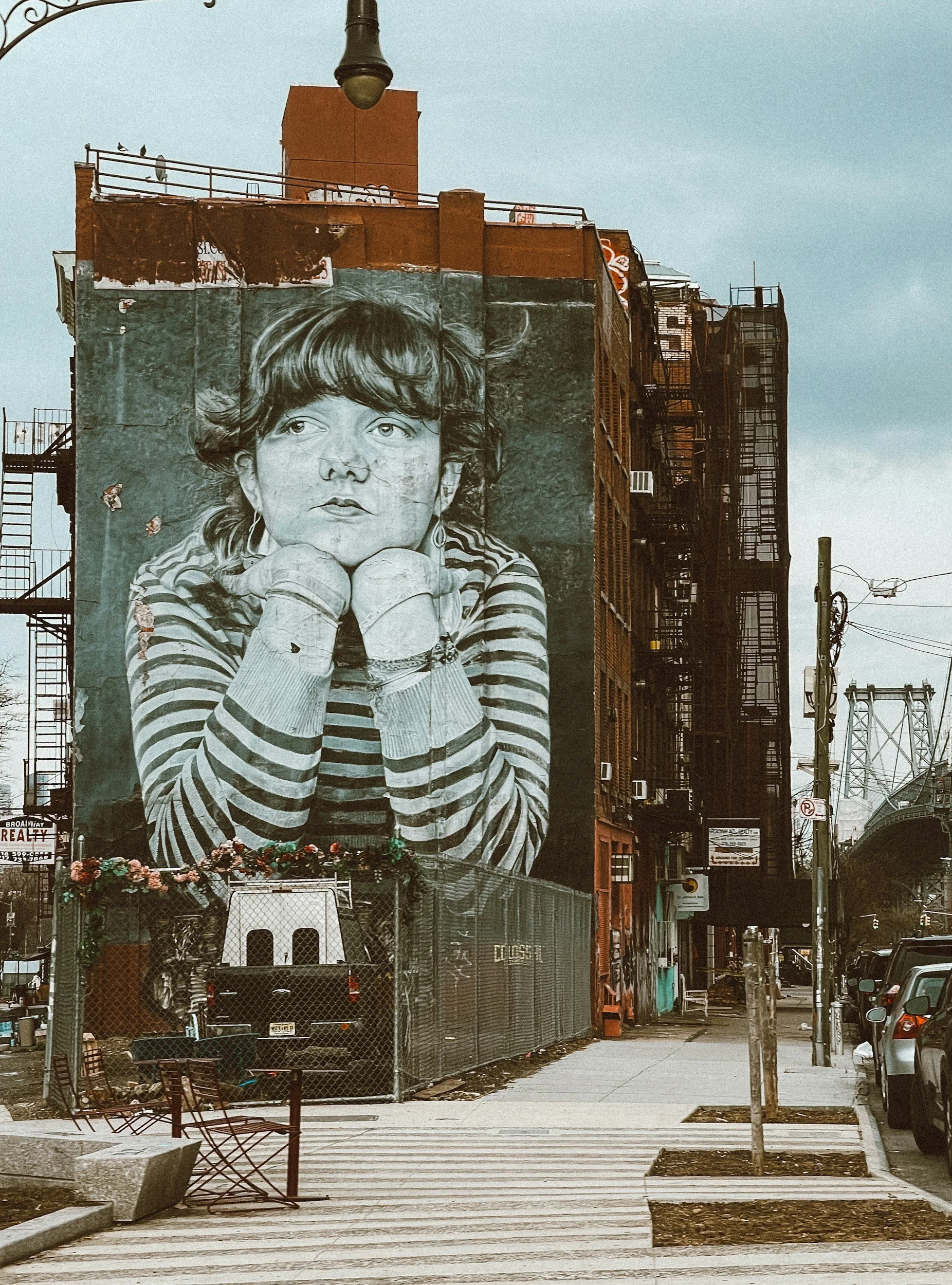 Black and white mural on a building in Williamsburg, Brooklyn.