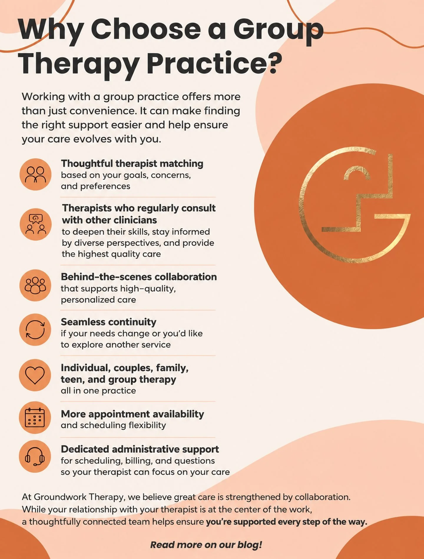 Finding the right therapist matters&mdash;but so does finding the right practice.

A group therapy practice offers more than convenience. It provides thoughtful therapist matching, access to clinicians with different specialties, collaborative care b