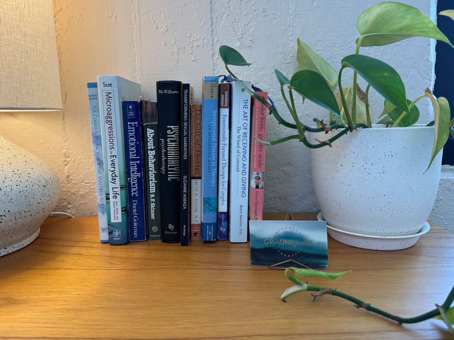 Plant and books on desk in Groundwork Therapy office