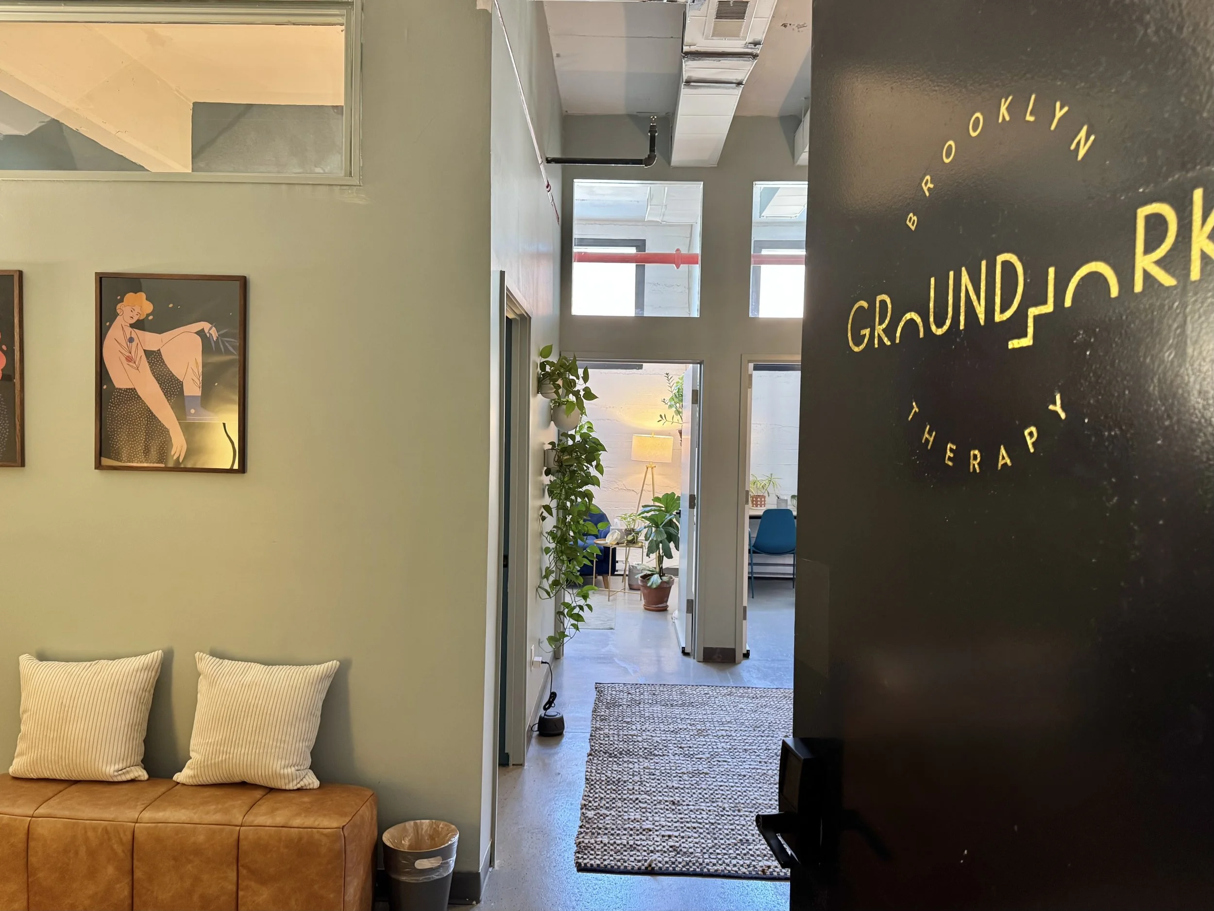 Comfortable therapy office at Groundwork Therapy in Brooklyn, New York.