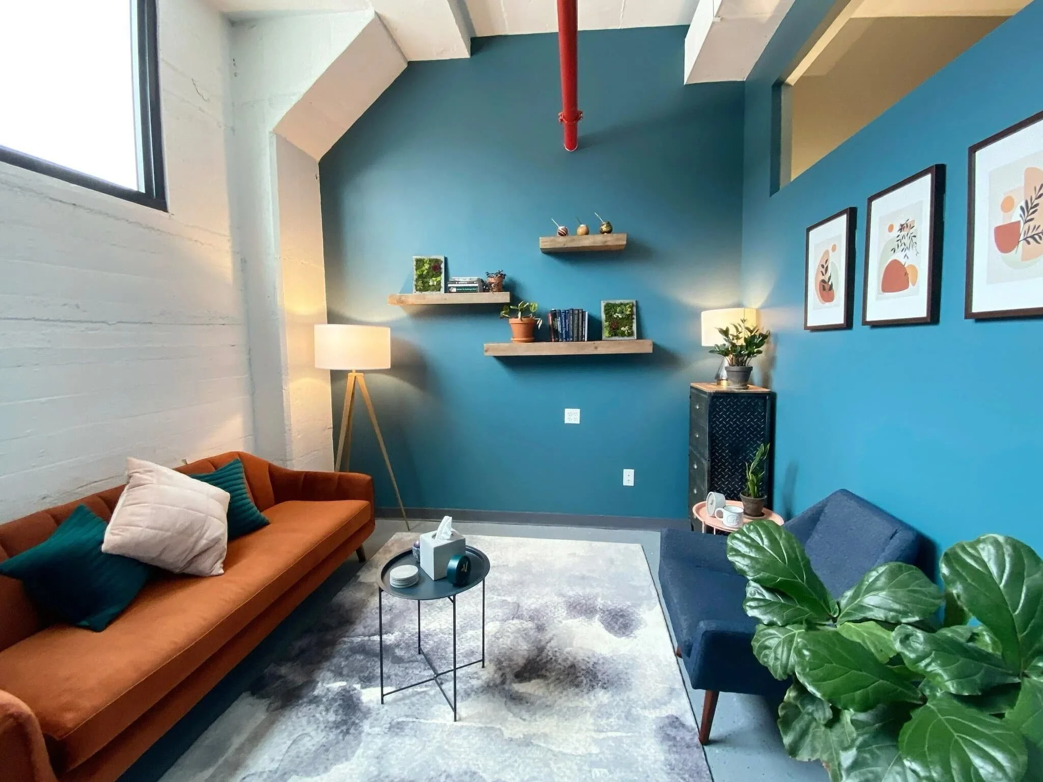 Comfortable therapy office designed for in-person sessions