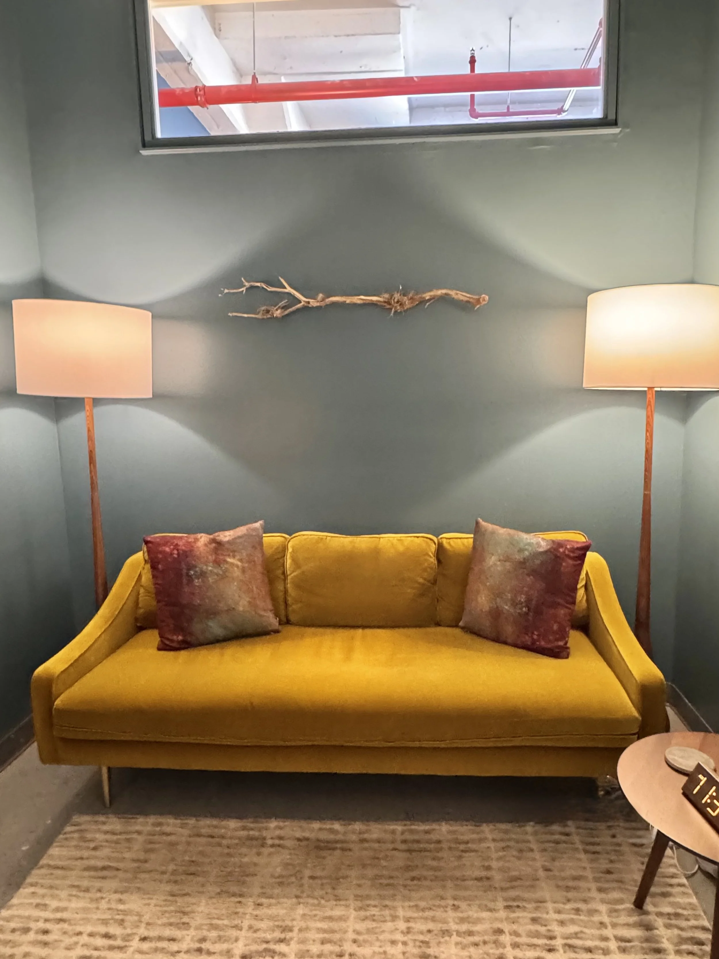 Comfortable couch in a couples therapy session room in Brooklyn.