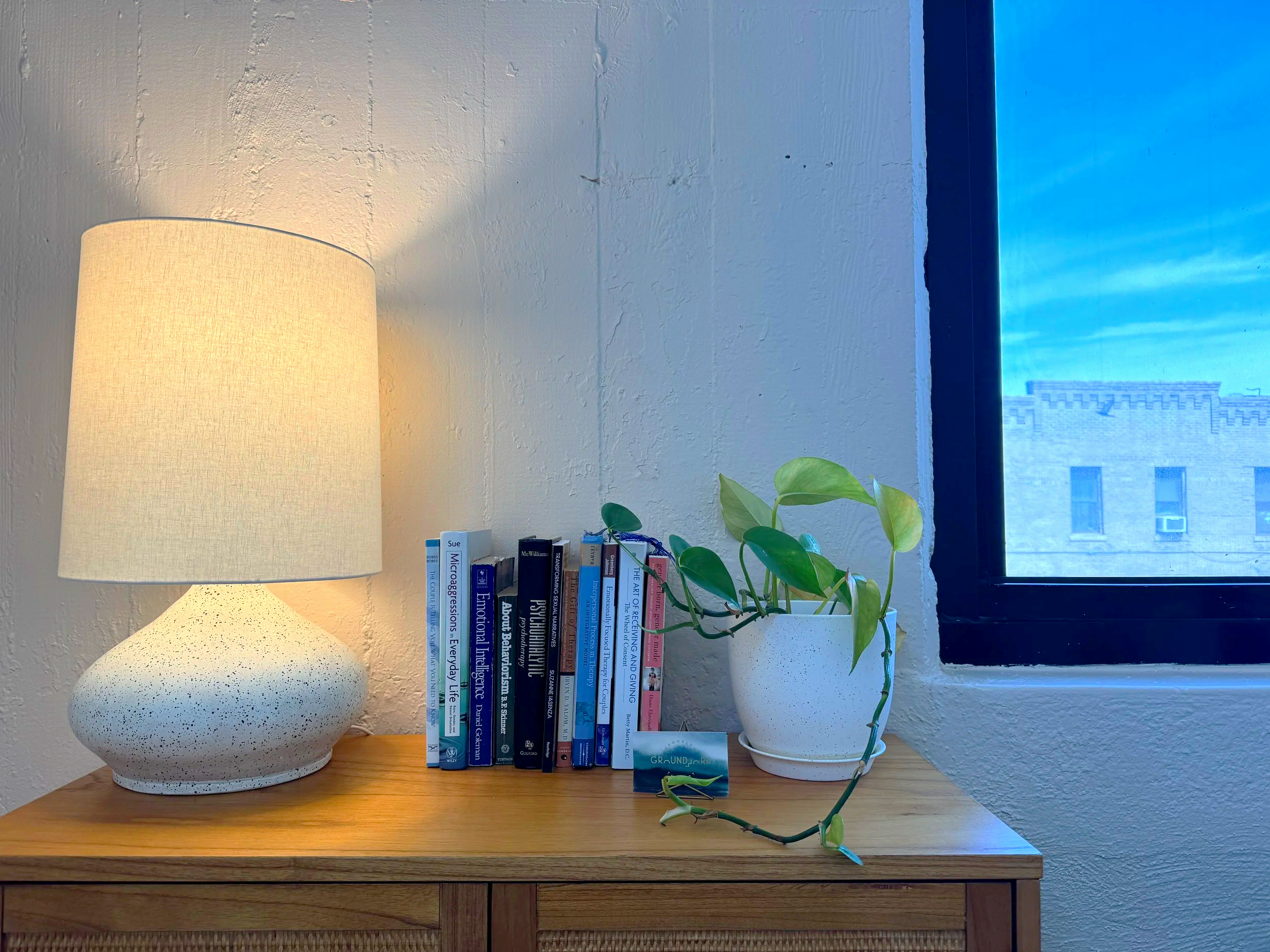 Therapy office desk with books, lamp, and window light