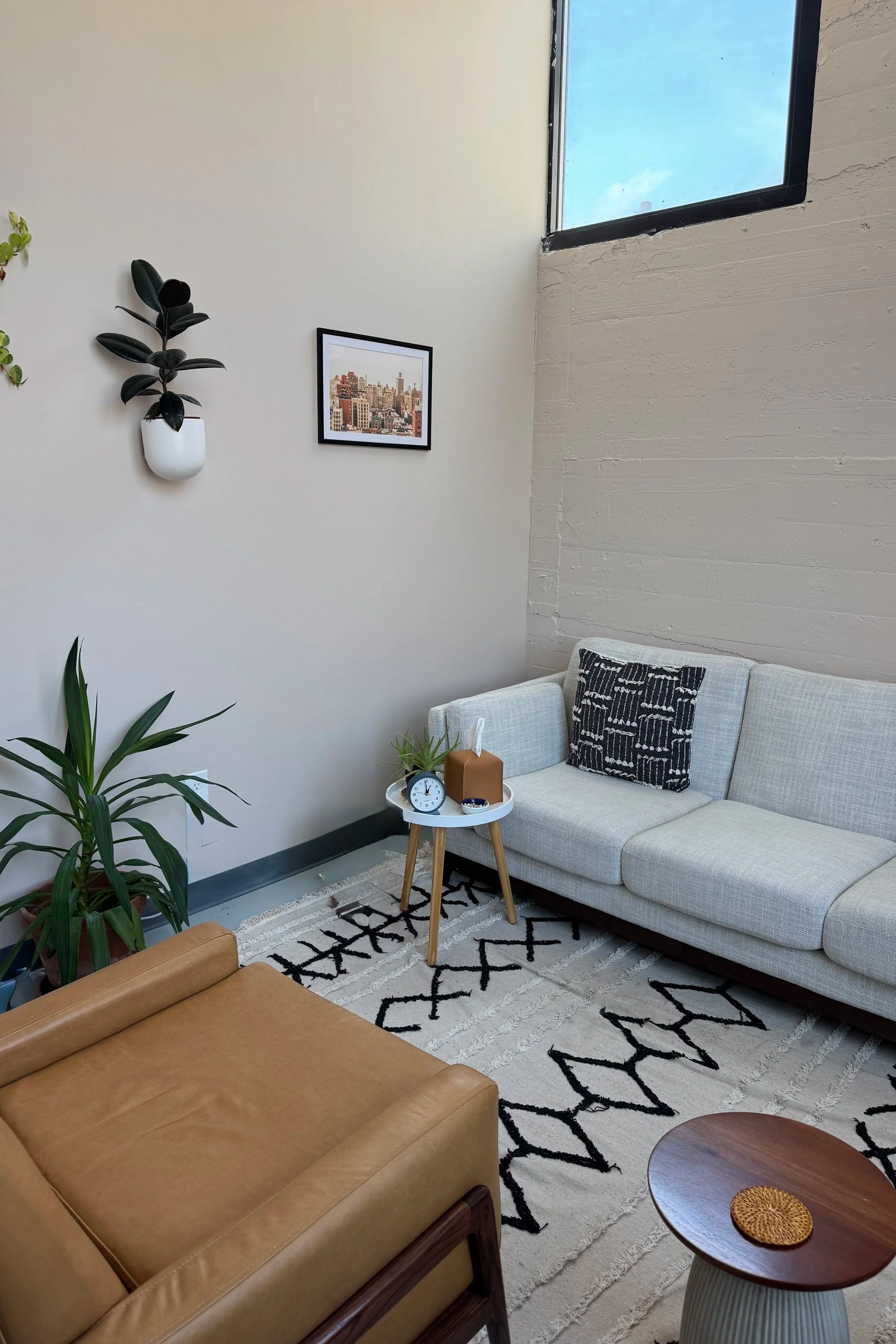 Private psychotherapy office with couch at Groundwork Therapy