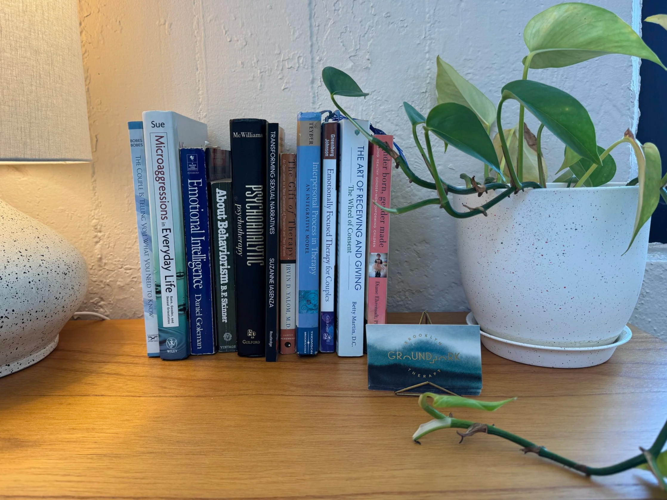 Plant and books on desk in Groundwork Therapy office