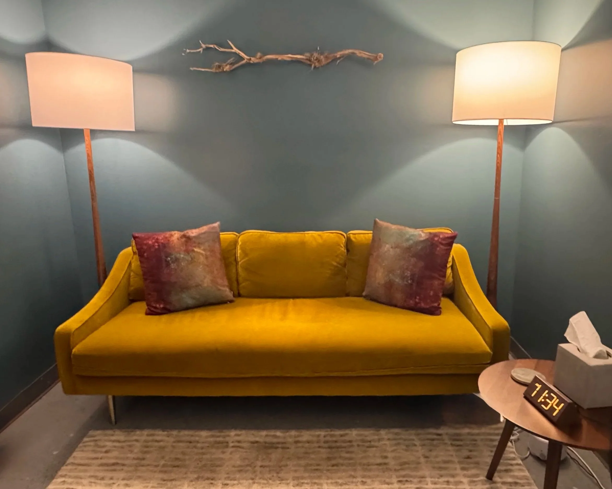 Comfy couch in therapy office used for couples therapy sessions