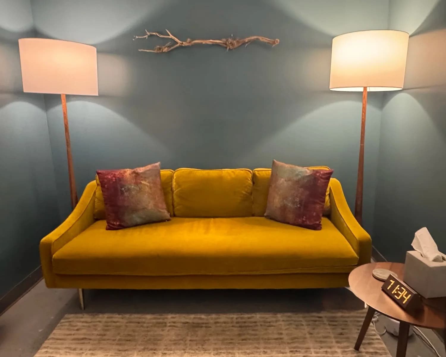 Welcoming therapy office with couch at Groundwork Therapy, serving Manhattan residents seeking in-person therapy
