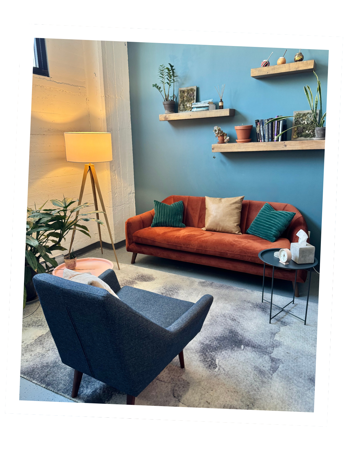 Therapy office with couch used for individual psychotherapy sessions