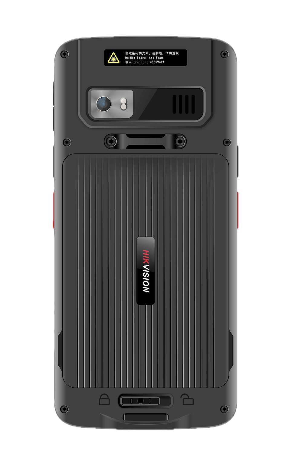 Parte trasera de un teléfono resistente, en color negro, con una cámara, un aviso de advertencia y un logo que dice 'HIKVISION'.