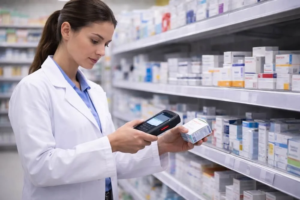 Farmacéutica usando PDA para escanear de código de barras en la farmacia.