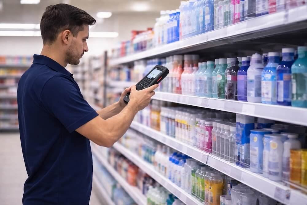 Hombre en supermercado revisando en un escáner de precios o inventario en un pasillo de productos de farmacia o higiene personal.