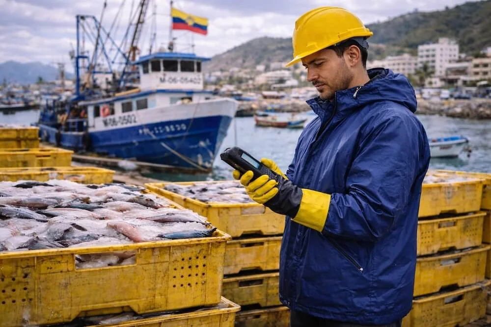 Hombre en puerto de pesca en ropa de trabajo y guantes amarillos revisando información en un PDA móvil en un muelle con cajas llenas de pescado y barcos de pesca en el fondo.