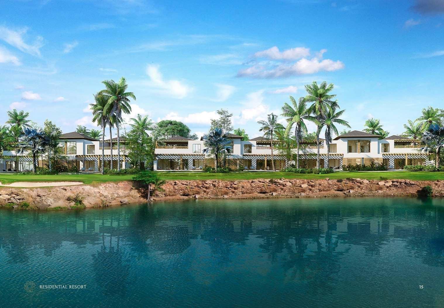 Rendering of a modern residential resort with white villas, surrounded by palm trees, next to a body of water under a blue sky with clouds.