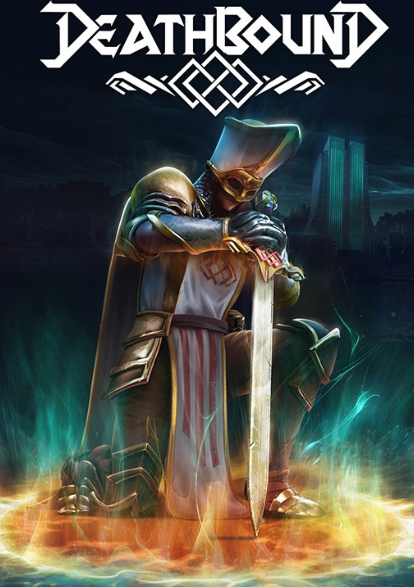 Digital artwork of a warrior wearing futuristic armor and a helmet, kneeling with a sword, with a dark cityscape and glowing energy in the background, and the title 'Deathbound' at the top.