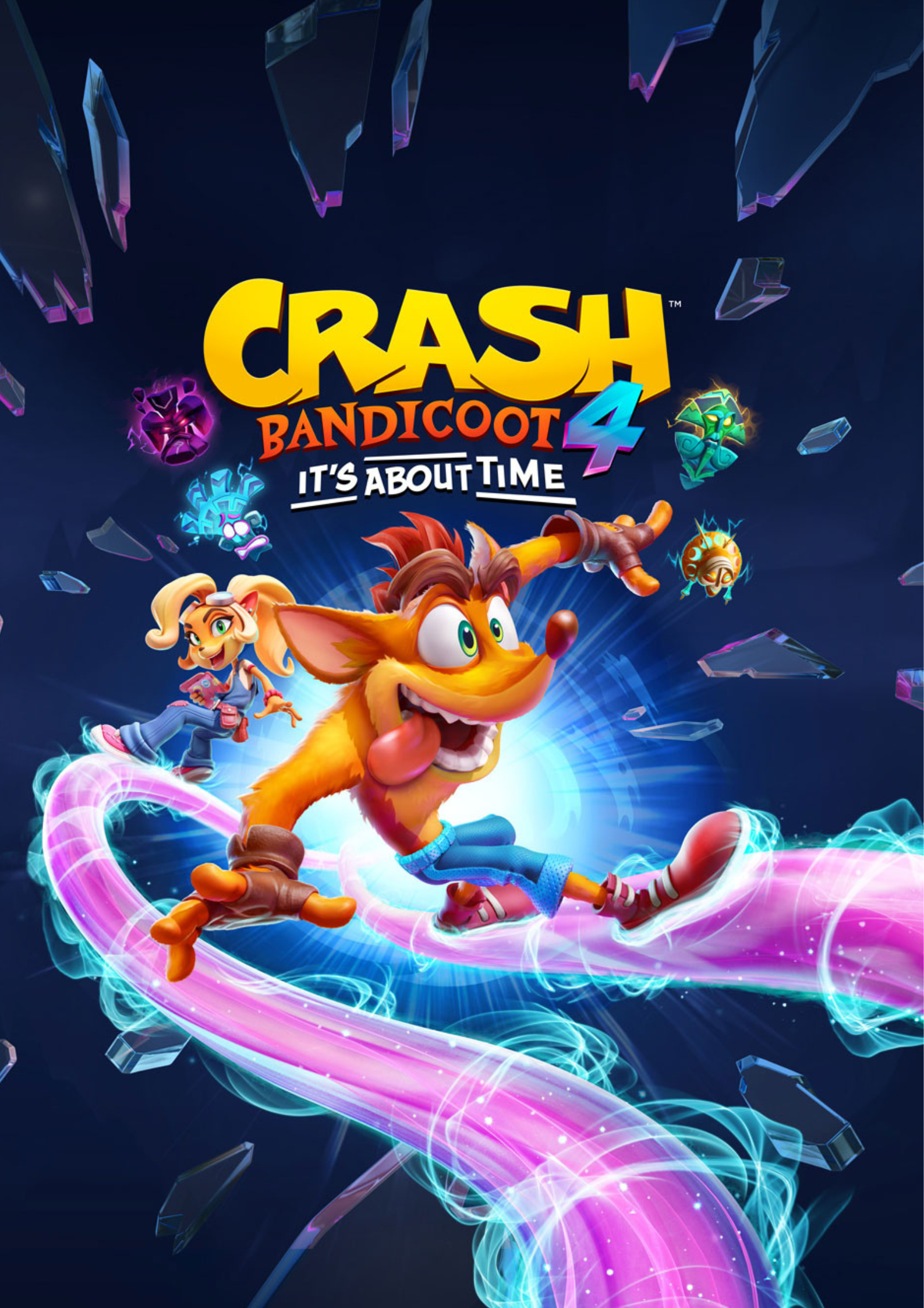 Video game cover art for Crash Bandicoot 4: It's About Time, featuring Crash Bandicoot in a dynamic pose with a bright portal and colorful character masks in the background.