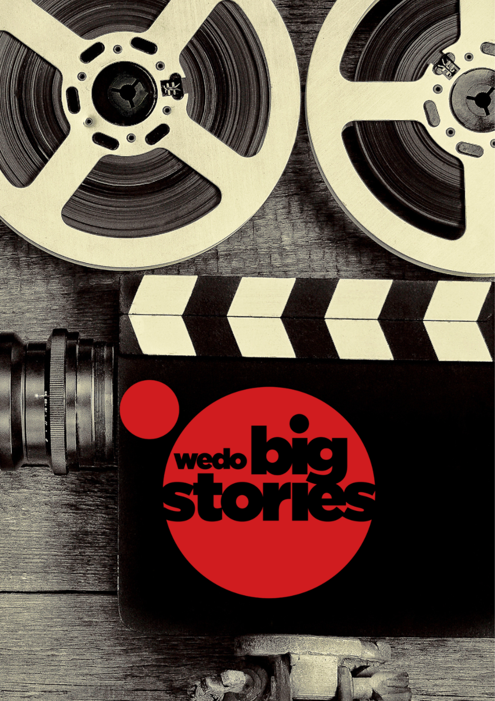 Two vintage film reels, a clapperboard, a film camera lens, and a logo with a red circle and black text that reads 'wede big stories' on a wooden surface background.
