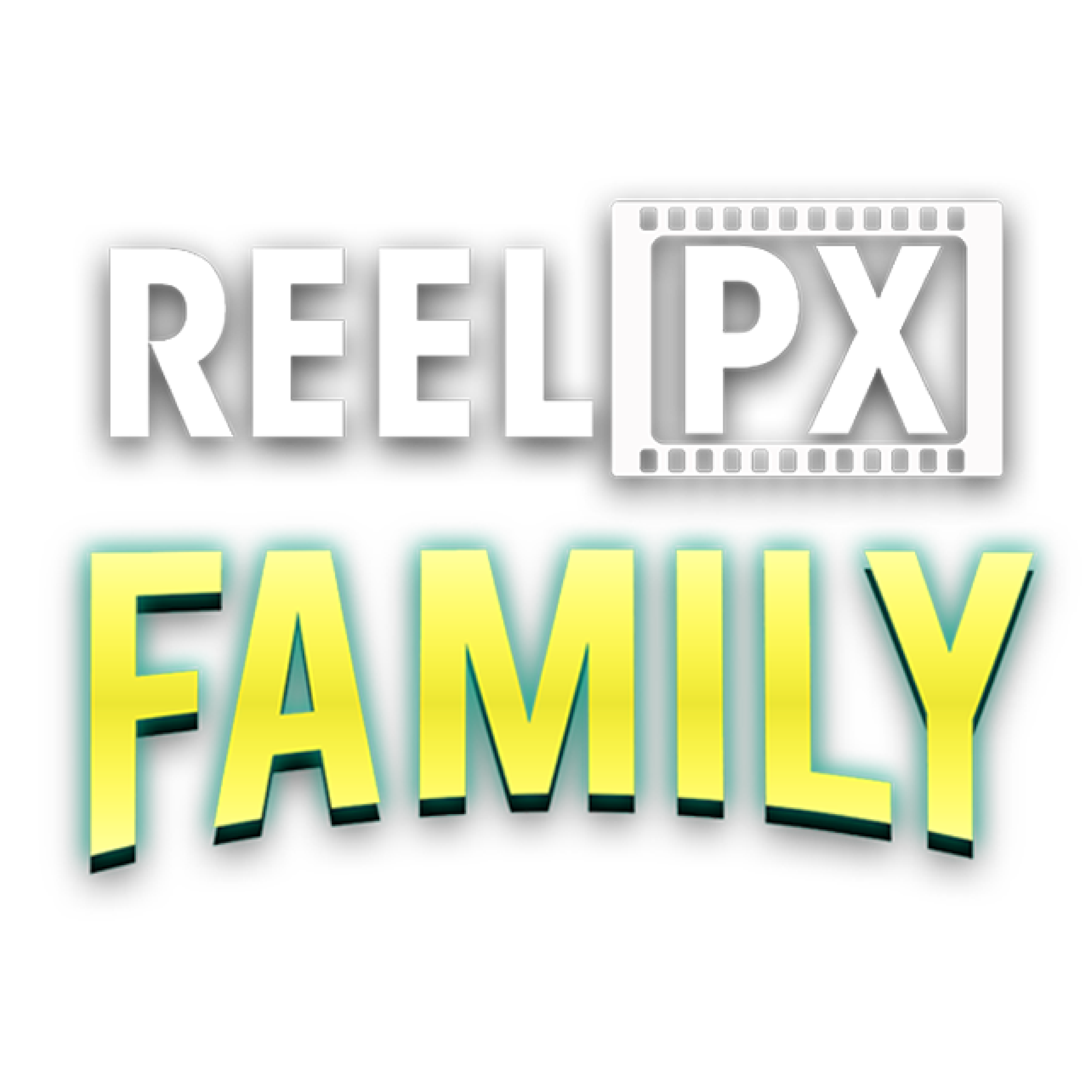 Neon sign reading 'Reel PX Family' with 'Reel PX' in black and white film strip style, and 'Family' in large glowing yellow-green text.