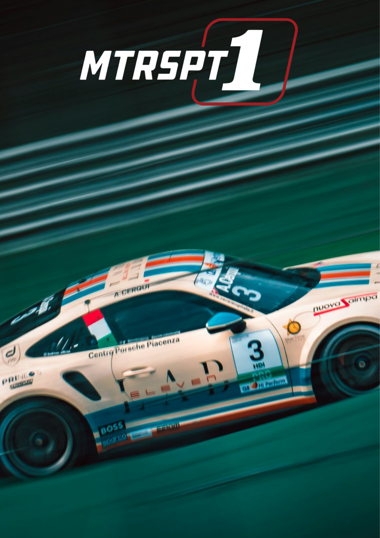 A racing car on a track, with sponsor logos and the number 3, blurred motion background, and the bold text 'MTRSPT 1' at the top.