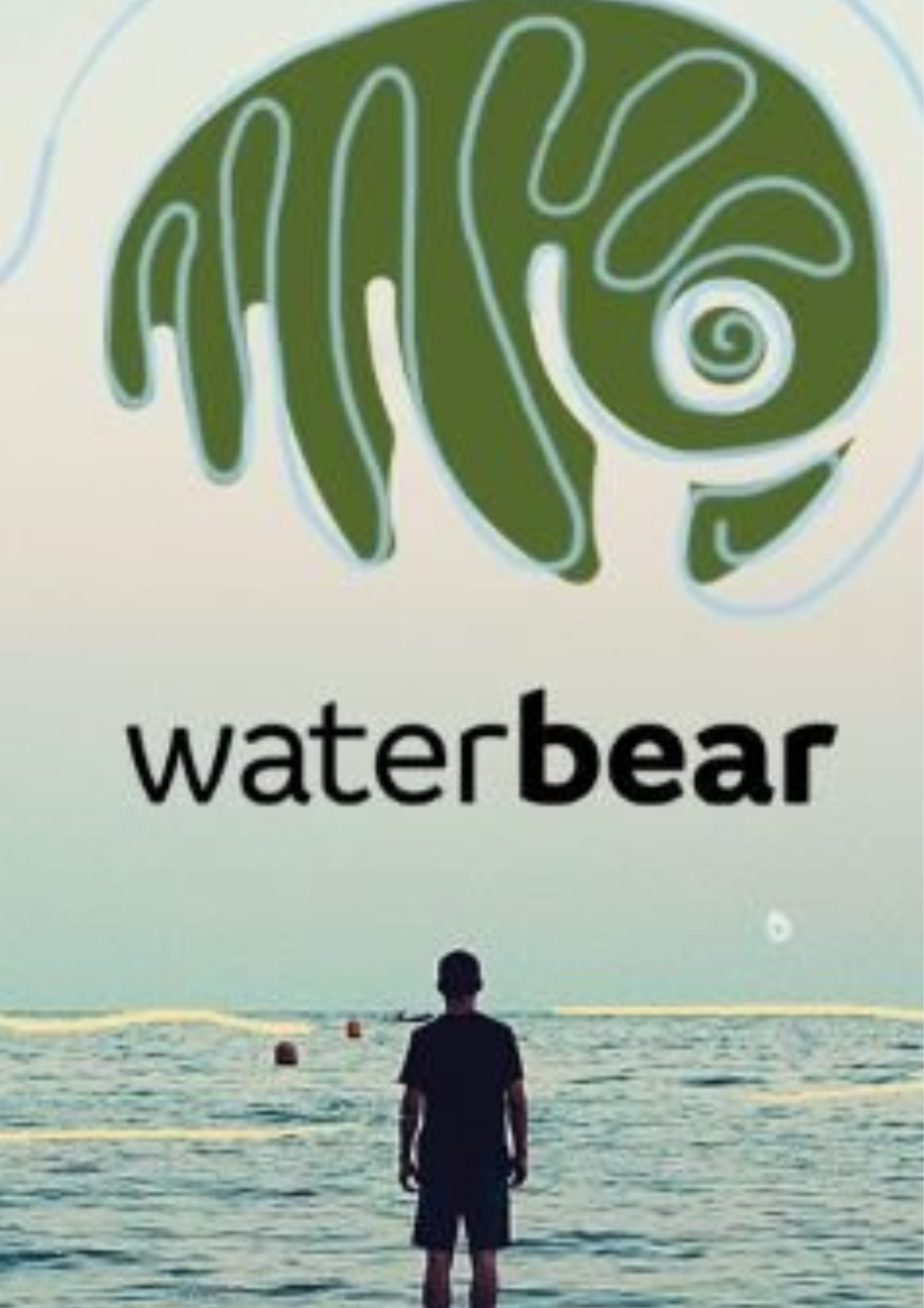 Logo of Water Bear featuring a green stylized chameleon head and the word 'waterbear' in black text beneath, with a person standing by the water's edge in the background.