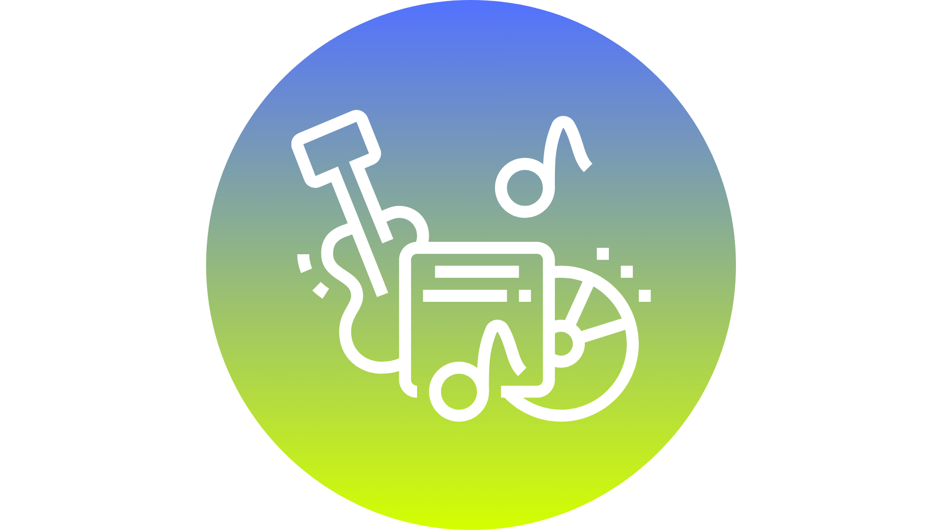 Outline of a golf bag with clubs, a golf ball, a golf tee, a scorecard, a judge's paddle, and a golf umbrella, against a blue-to-green gradient circular background.