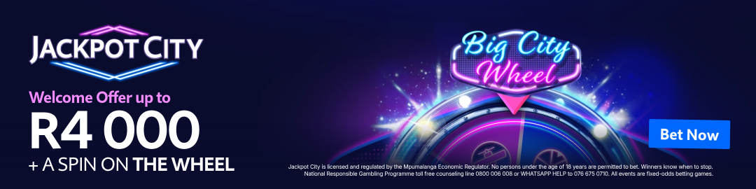 Colorful casino promotion for Jackpot City featuring a neon sign and a spinning wheel, with a 'Bet Now' button.