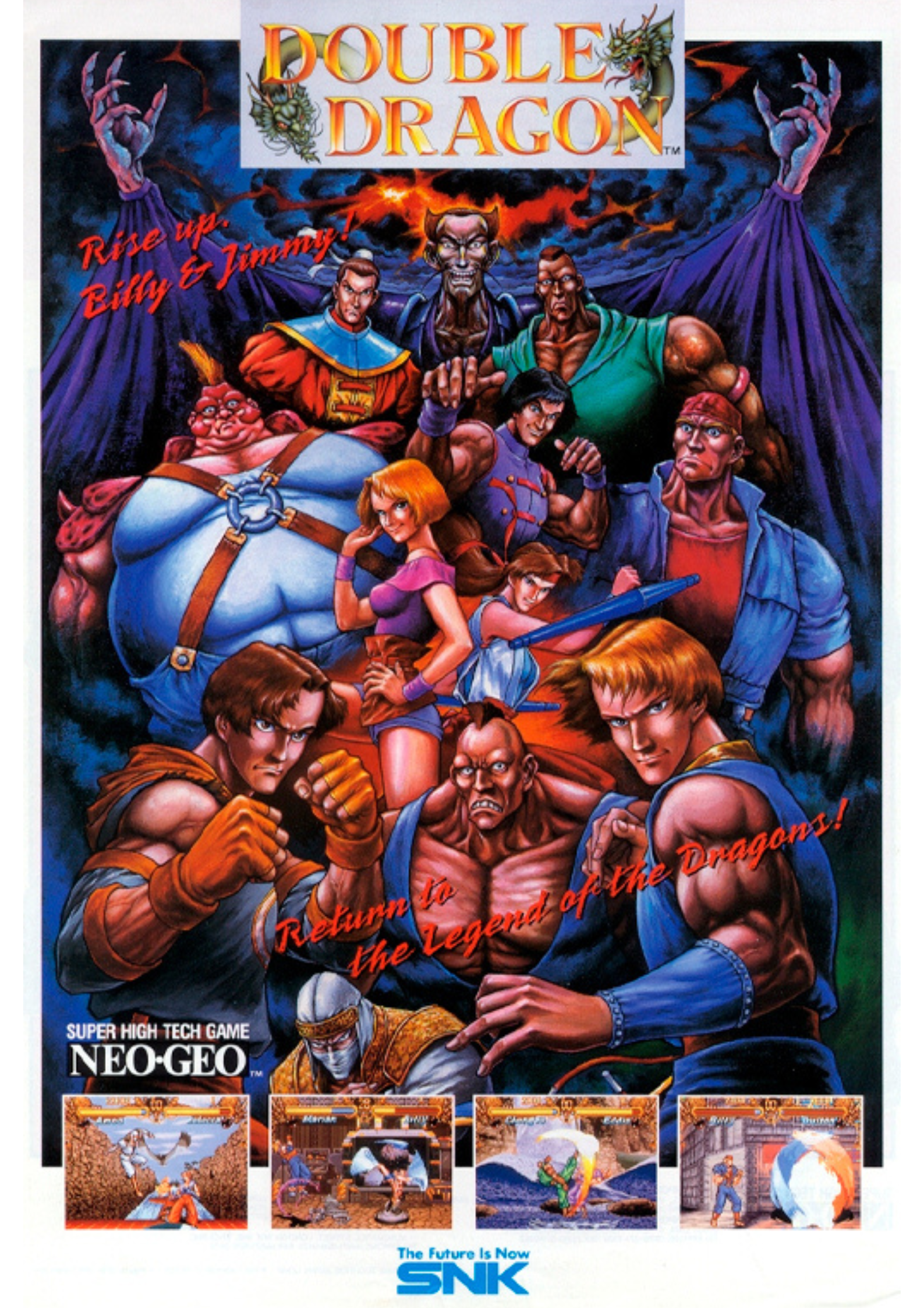 Colorful artwork featuring characters from the video game Double Dragon, including martial artists, a muscular man, and a female fighter, with a dramatic dark background and the game's title at the top.