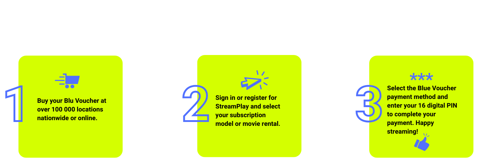 Three steps to use the Blu Voucher for streaming. Step 1: Buy at over 100,000 locations or online. Step 2: Sign in or register on StreamPlay and select a subscription. Step 3: Select Blue Voucher payment, enter a 16-digit PIN, and enjoy streaming.