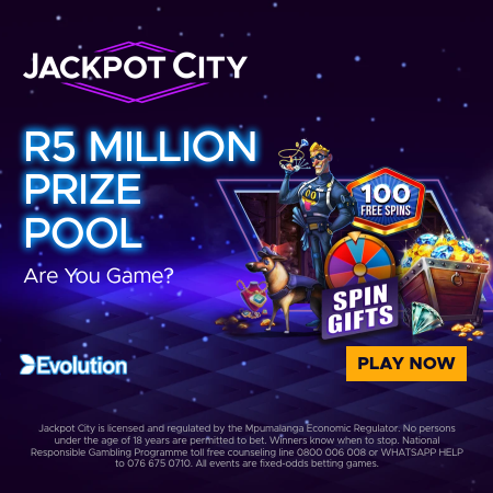 Advertisement for Jackpot City online casino featuring a $5 million prize pool, promoting free spins, spin gifts, and a 'Play Now' button against a starry night background.