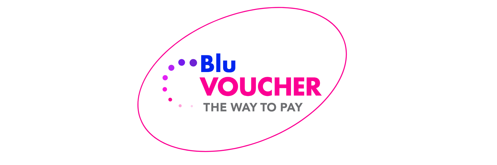 A logo with the text 'Blu Voucher' and the tagline 'The way to pay'. The logo features pink, blue, gray, and purple colors, with pink an oval outline surrounding the text and dotted design element.