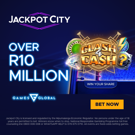 Advertising poster for Jackpot City featuring a promotion for over Rio Million with Clash Cash game and a win share button, with a bet now button.
