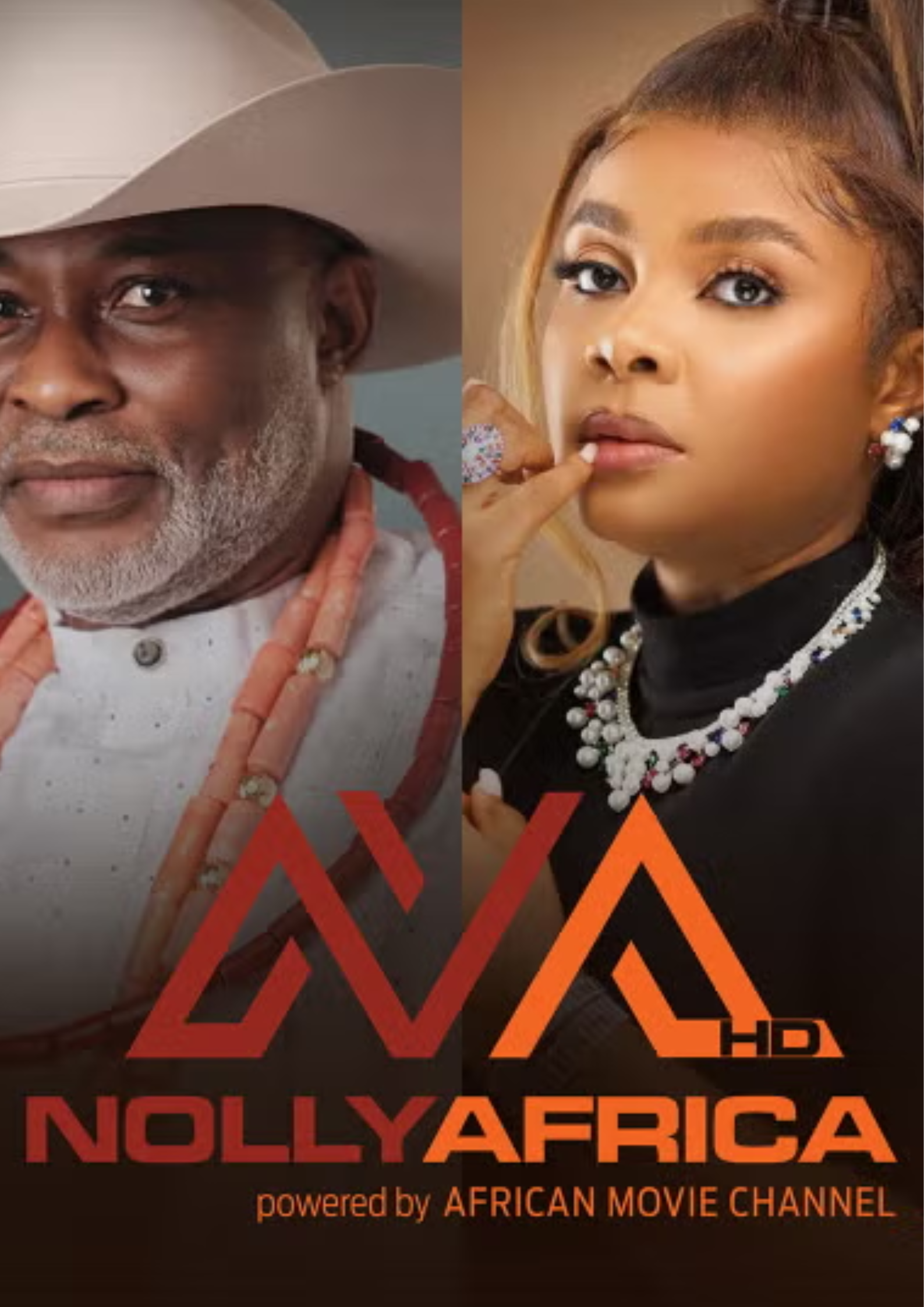 A split-screen image featuring an older man wearing traditional African attire with a beige hat on left side, and a young woman with jewelry and makeup on the right side. The bottom has the text 'Nolly Africa' and 'powered by African Movie Channel'.