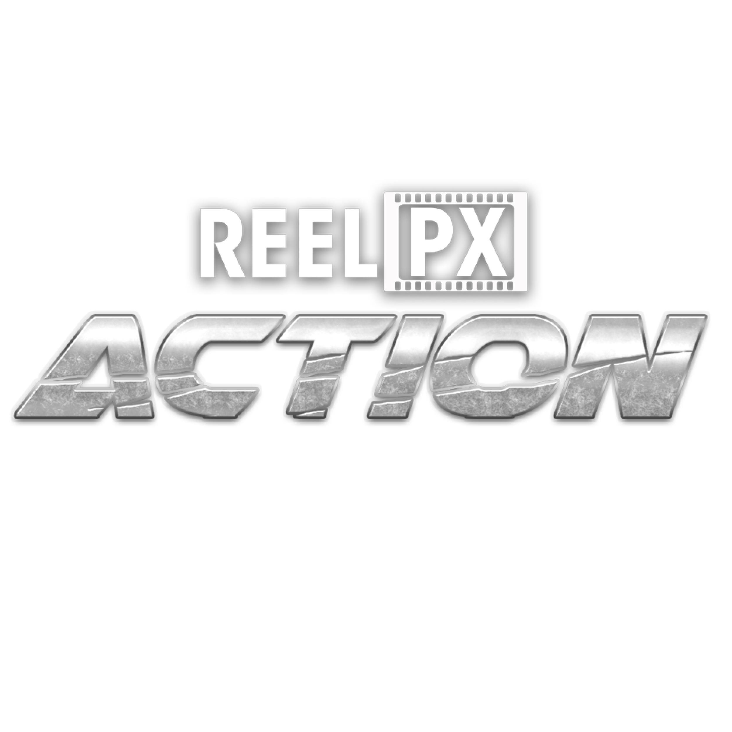 Black and white graphic with the title 'REEL PX ACTION' in bold, chrome lettering.
