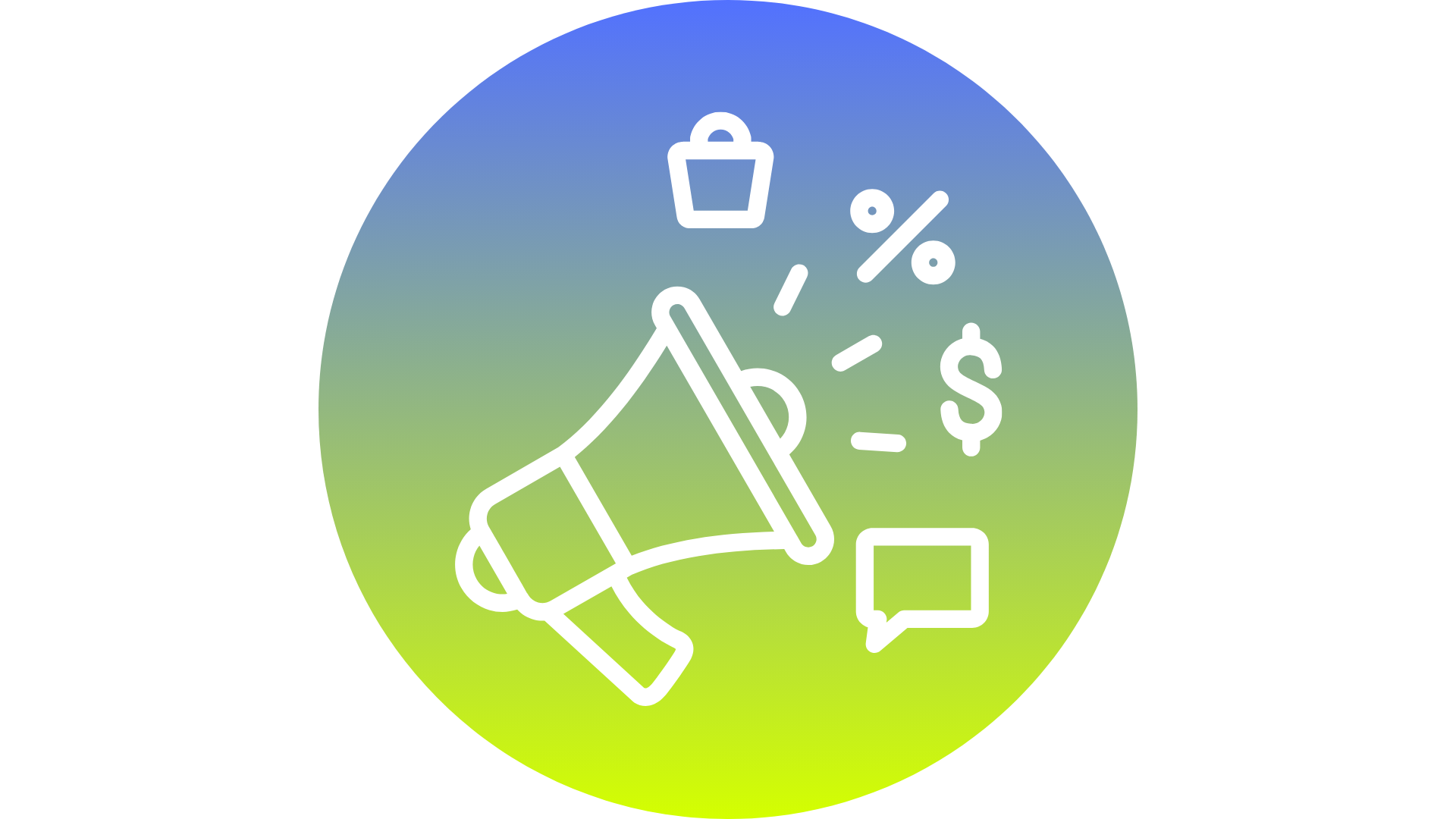 Icon of a loudspeaker with dollar, percentage, shopping bag, and chat symbols around it.