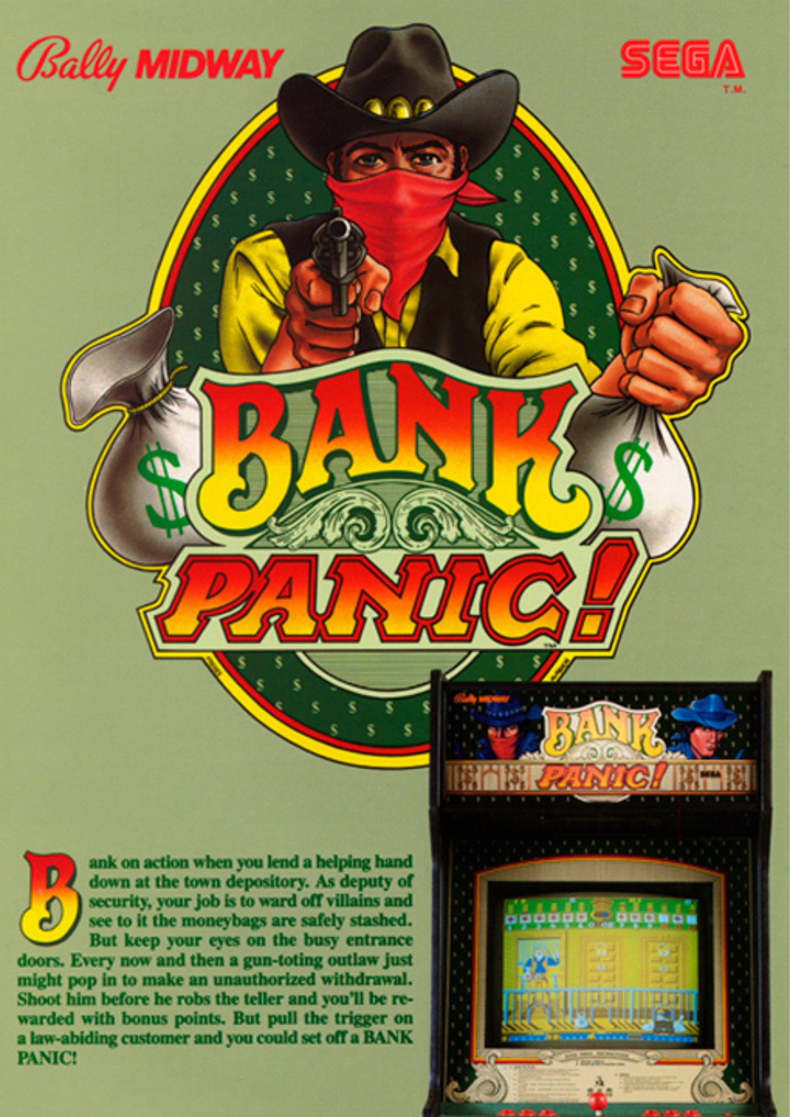 Arcade game poster titled "Bank Panic" featuring a cowboy with a red bandana covering his face pointing a gun, and images of dollar bills. The poster promotes a game where players protect a bank from outlaws.