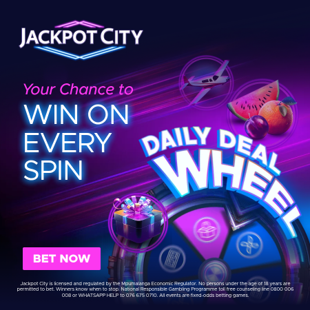 Advertisement for Jackpot City featuring a purple and blue spinning wheel with prize icons, promoting daily deal wheel spins and the chance to win on every spin.