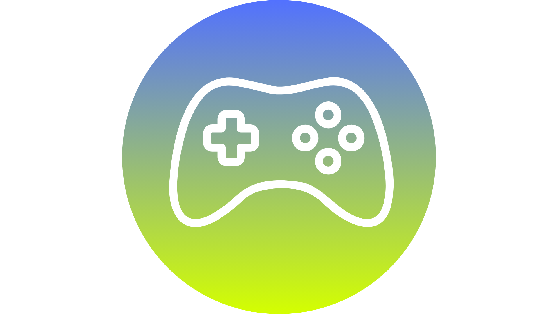 Icon of a video game controller with a D-pad and four buttons on a colorful gradient background.