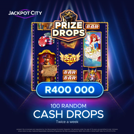 A digital slot machine game titled 'Prize Drops' with symbols including a pirate, a mermaid, a treasure chest, and poker chips. The game shows a cash prize of R400,000 and offers 100 random cash drops twice a week.