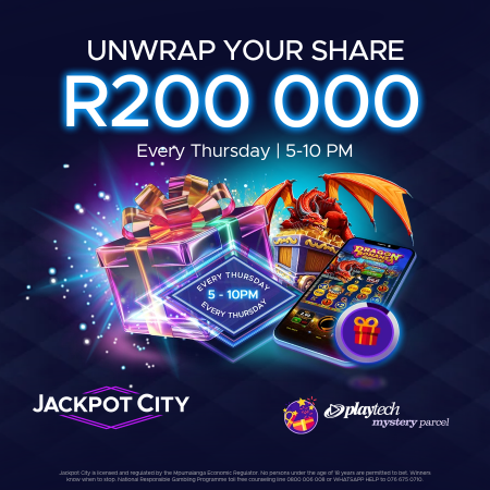 Promotion for Jackpot City's weekly share giveaway of R200,000 every Thursday from 5 to 10 PM, featuring a prize of a dragon and a mystery parcel with a gift box, a lottery scratcher, and a gift icon.
