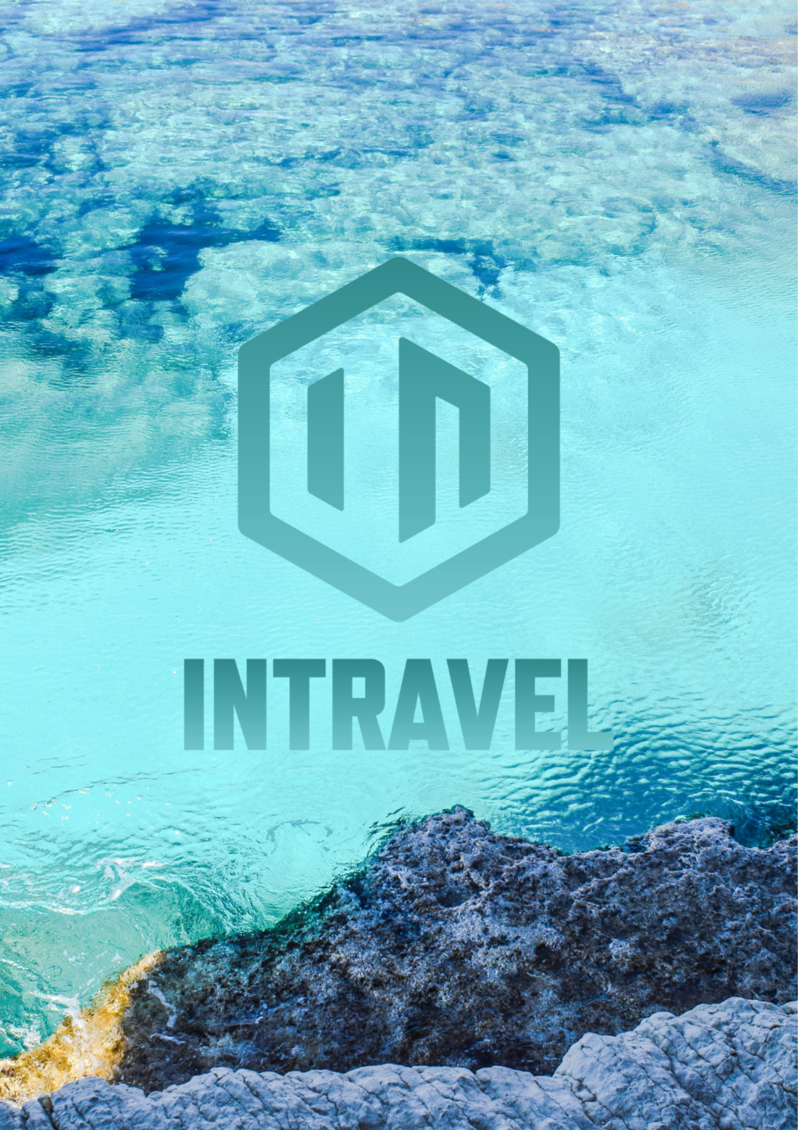 Aerial view of turquoise waters and rocky shoreline, with a logo and the word 'INTRAVEL' overlaid.
