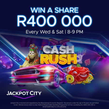 Promotional poster for a cash rush contest at Jackpot City, offering R400,000 in prizes. The contest runs every Wednesday and Saturday from 8 to 9 PM. The poster features a pink sports car, a cartoonish red fish, and the text highlighting the prize and schedule.