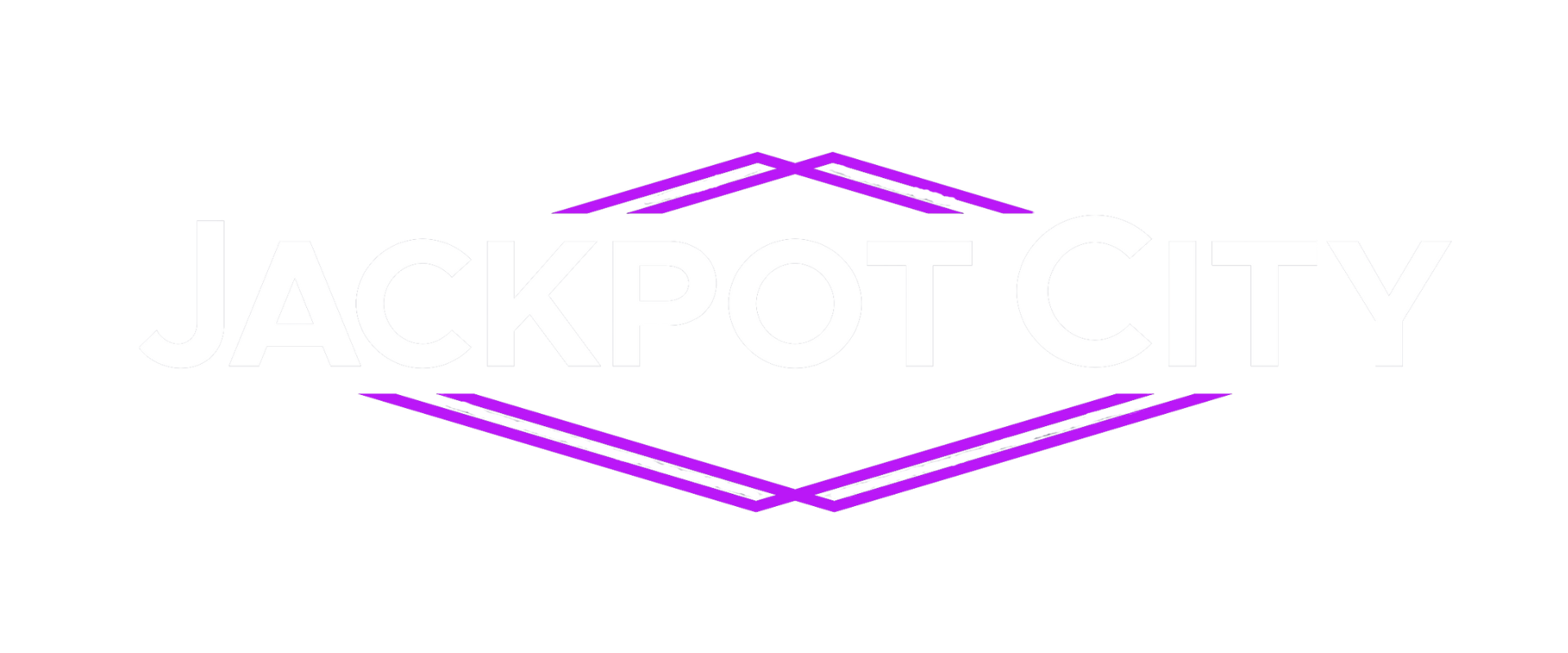 Logo for Jackpot City with white 3D text and neon purple geometric accents.