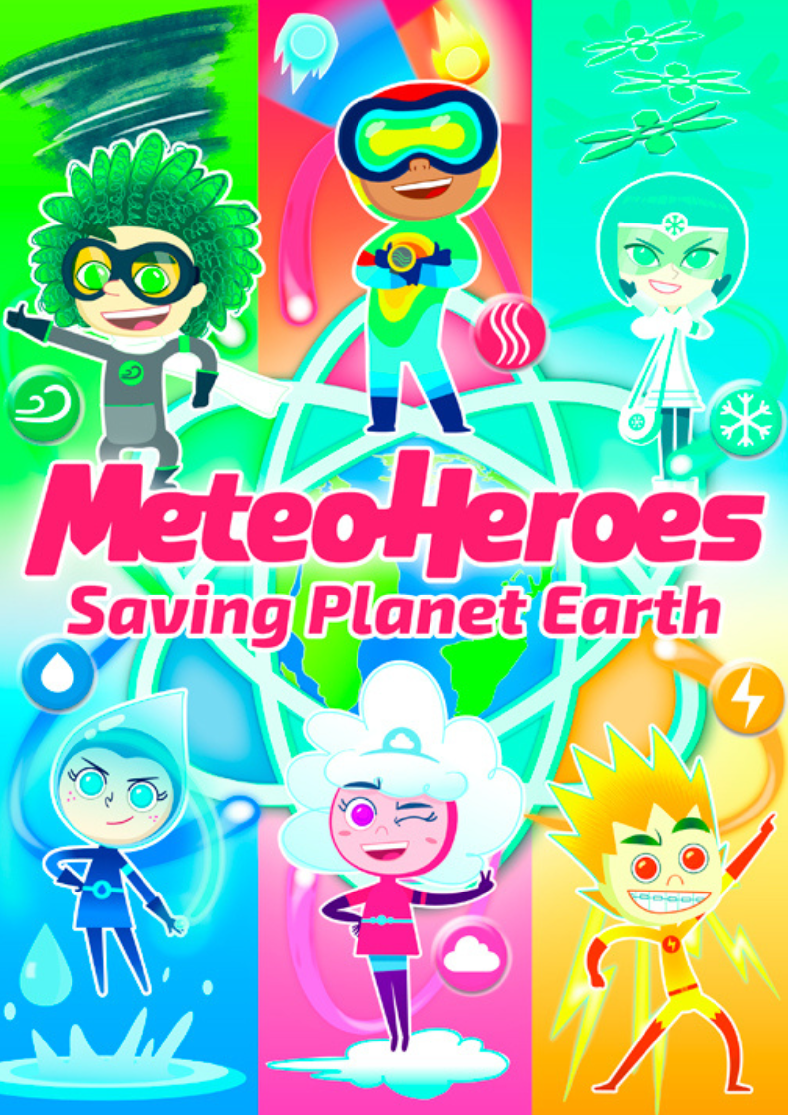 Colorful cartoon cover image titled 'Meteor Heroes Saving Planet Earth' featuring six superhero characters representing elements like air, water, fire, and lightning, standing around a globe with earth and planet icons in the background.