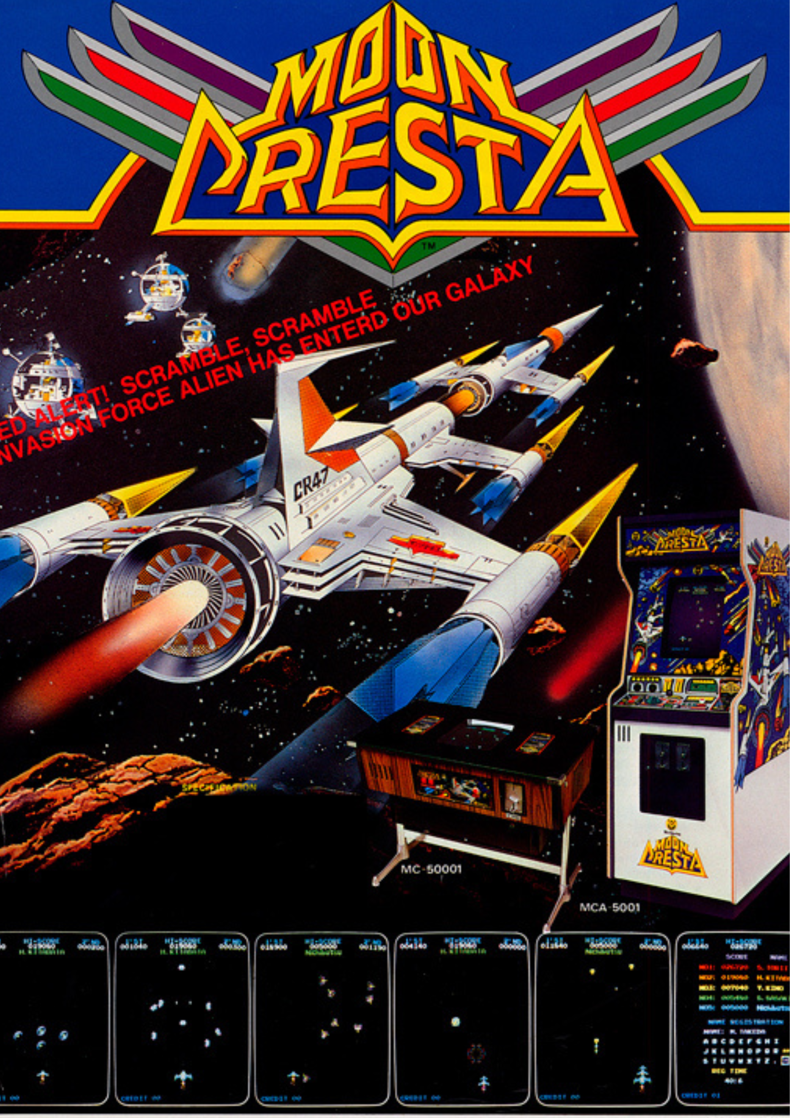 The image shows the cover of a vintage arcade game titled 'Moon Cresta', depicting a spaceship in space with planets, stars, and alien ships. There is red text overlay warning about an alien invasion entering our galaxy, and a depiction of an arcade machine and a game console.