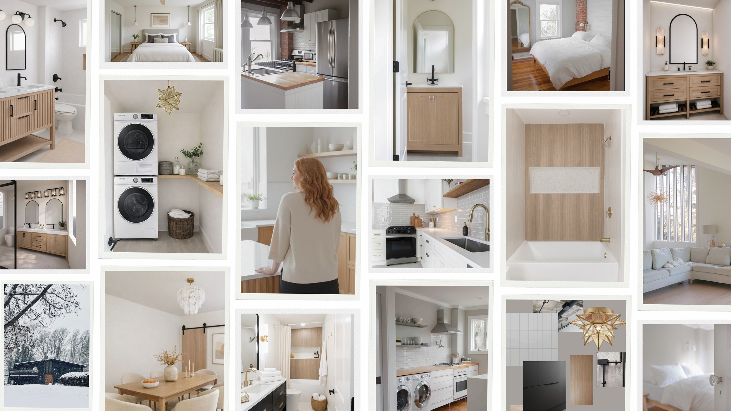 Collage of interior and exterior home images including bedrooms, bathrooms, kitchens, a laundry room, a dining area, a living room, and an outdoor snowy landscape.