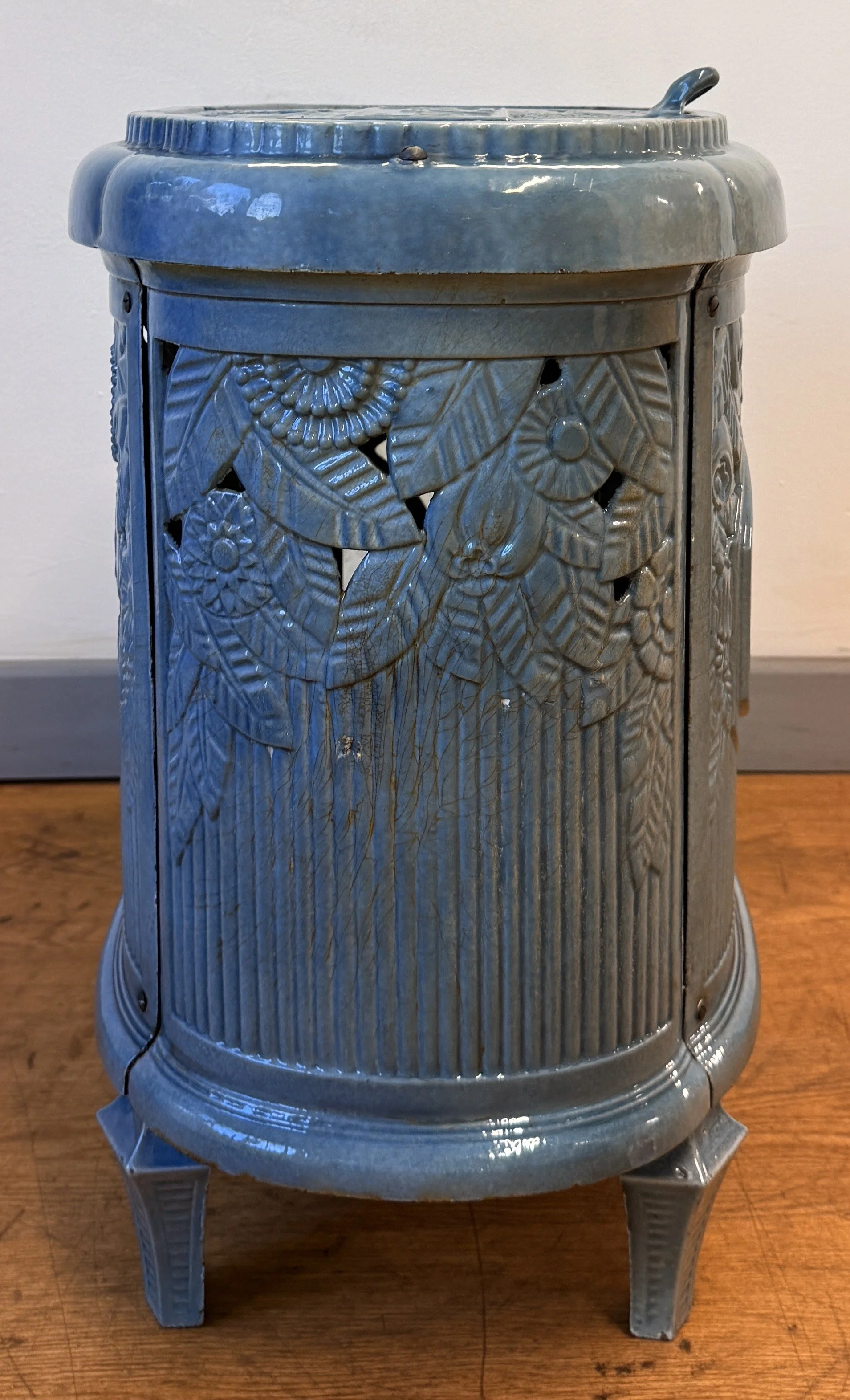 Side view of cast iron stove