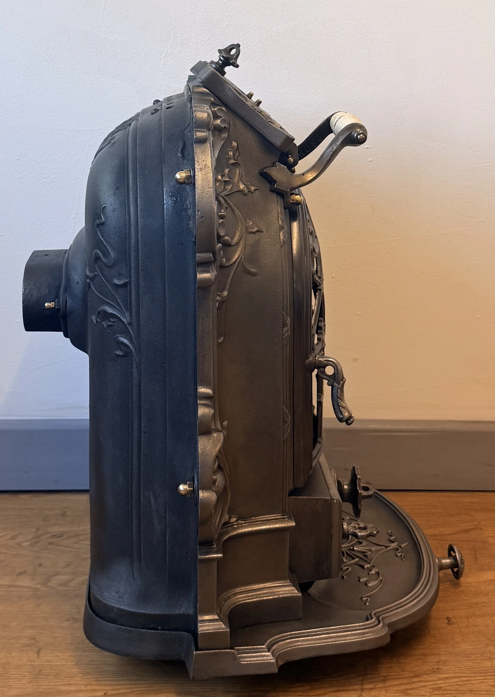 Side view of cast iron stove