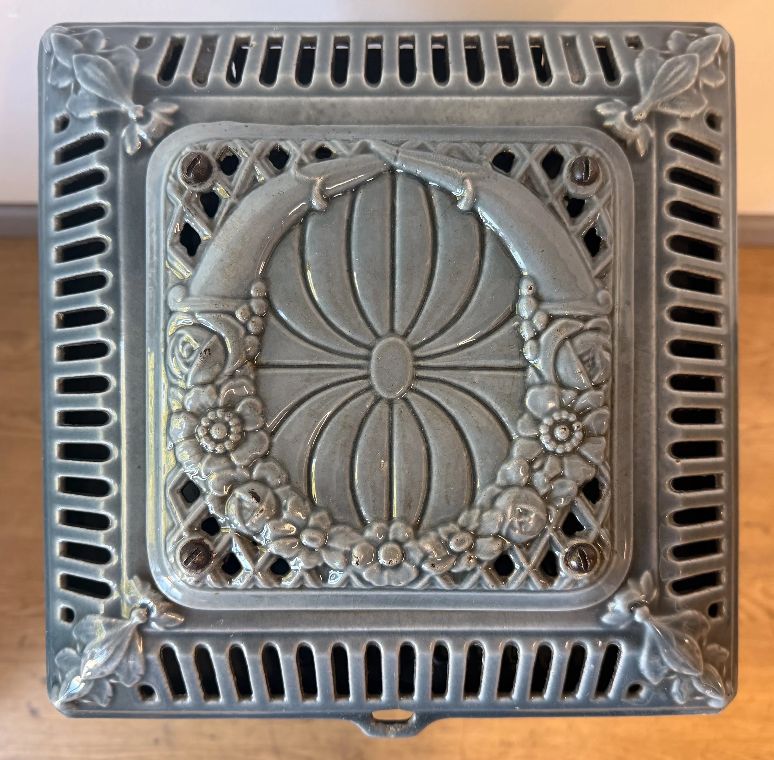 Blue lid view of French Antique Stove