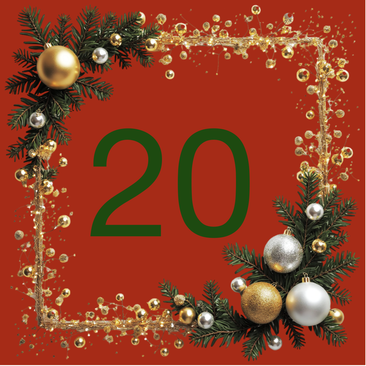 A festive holiday decoration with green pine branches, gold and silver ornaments, and string lights framing the number 20 on a red background.