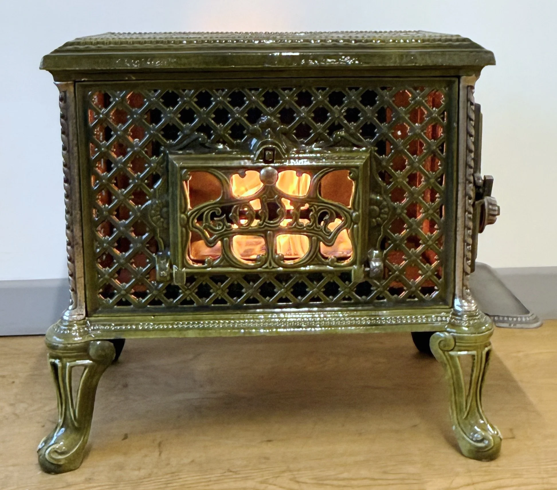 Front view with fire burning